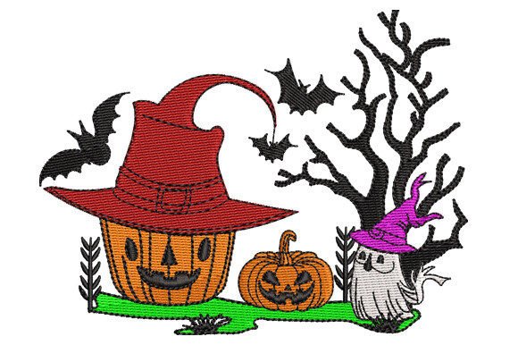 Halloween Pumpkin Bats Ghost and Tree Embroidery